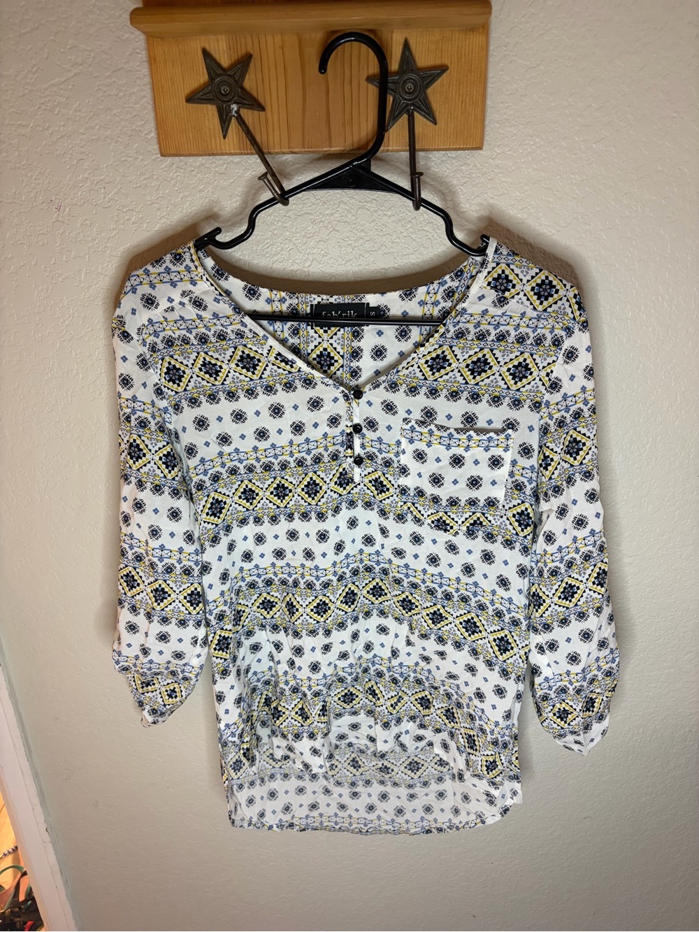 fab'rik White Pullover Blouse with Yellow & Navy Geometric Print